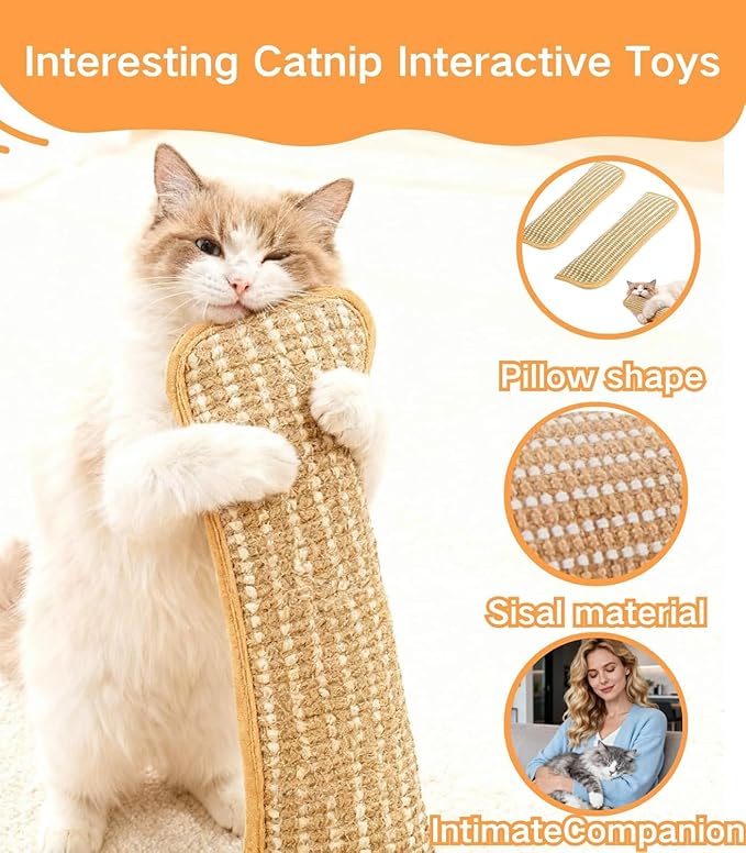 Interactive Catnip Chew Toy, Sisal Catnip Pillow Toy Kickers, Catnip Toys with Organic 8000mg Herbal Blend for Indoor Scratching, Chewing & Teething, Fun for Kittens and Adult Cats(3PCS)