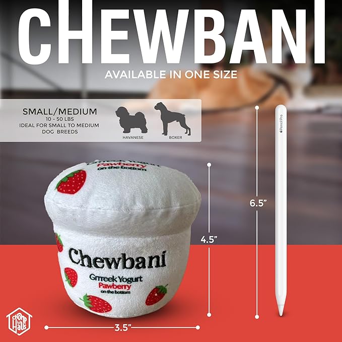 Chomp Haus Chewbani Grrreek Yogurt – Luxurious Plush Dog Toy with Squeaker, Premium Fabric, Embroidered Details, Designer-Inspired Chew Toy, Fun Gift for Small to Medium Dogs & Dog Lovers