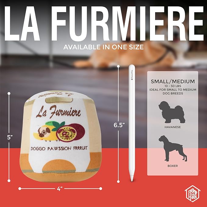 Chomp Haus La Furmiere – Luxurious Plush Dog Toy with Squeaker, Premium Fabric, Embroidered Details, Designer-Inspired Chew Toy, Fun Gift for Small to Medium Dogs & Dog Lovers