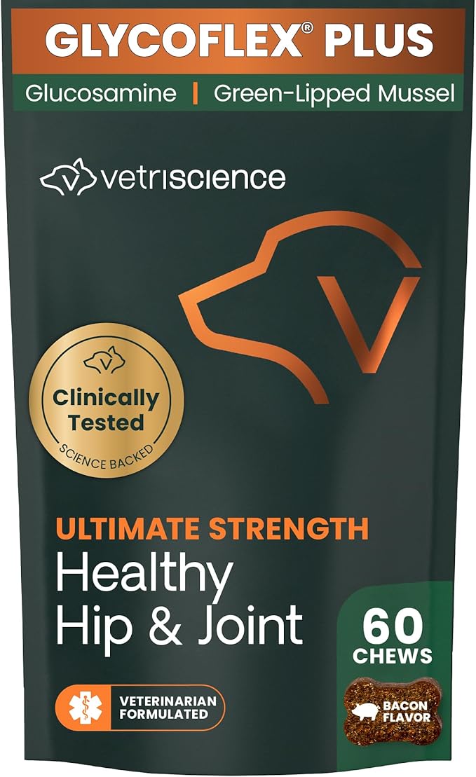 VetriScience Ultimate Strength Hip & Joint Supplement for Dogs, GlycoFlex Plus – MSM, Chondroitin & Green-Lipped Mussel Chews for Mobility, Flexibility, Comfort & Support, Bacon Flavor, 60 Cnt
