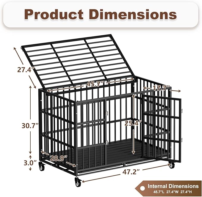 Snuowu 48 Inch Heavy Duty Dog Crate with Wheels, Indestructible Escape-Proof Dog Cage for Large Dogs, Extra Large XL XXL Indestructible Dog Crate with Removable Tray.
