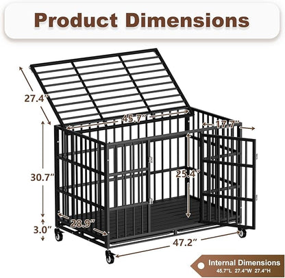 Snuowu 48 Inch Heavy Duty Dog Crate with Wheels, Indestructible Escape-Proof Dog Cage for Large Dogs, Extra Large XL XXL Indestructible Dog Crate with Removable Tray.