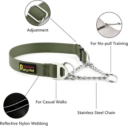Plutus Pet Martingale Dog Collar with Stainless Steel Chain and Reflective Nylon, Adjustable No Pull Training Collar, for Small Medium, and Large Dogs, Ranger Green, S