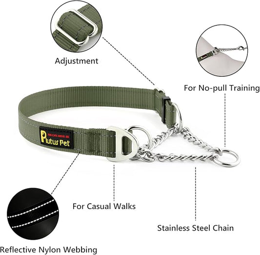 Plutus Pet Martingale Dog Collar with Stainless Steel Chain and Reflective Nylon, Adjustable No Pull Training Collar, for Small Medium, and Large Dogs, Ranger Green, S