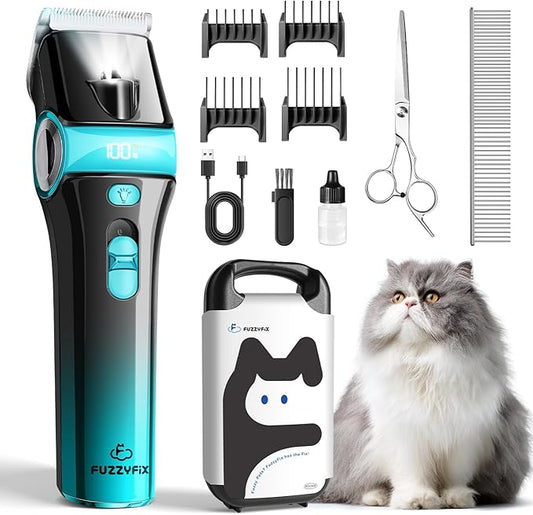 FuzzyFix Cat Clippers for Grooming with 5-in-1 Blade, Cat Grooming Kit Cordless Rechargeable Hair Trimmer Detachable Stainless Steel Blade Pet Shaver for Small Kitty Paw Face Head Body