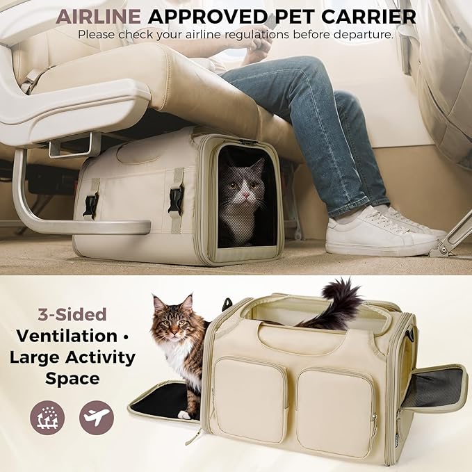 Dog, Cat Carrier for Pets Up to 15 Lbs, Airline Approved Collapsible Soft-Sided Pet Travel Bag with Locking Zippers, Breathable Mesh and 4 Large Pockets, Removable Fleece Pad (Beige)
