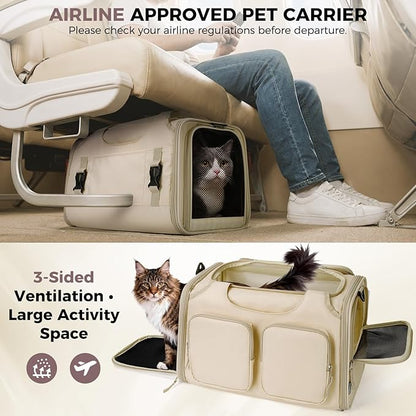 Dog, Cat Carrier for Pets Up to 15 Lbs, Airline Approved Collapsible Soft-Sided Pet Travel Bag with Locking Zippers, Breathable Mesh and 4 Large Pockets, Removable Fleece Pad (Beige)