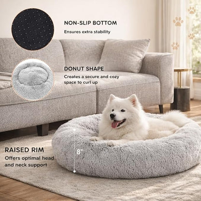 Dog & Cat Bed for Indoor Cats, 30in Calming Donut Pillow mat for Puppy and Kitten, Washable Cooling Round Fluffy Pet Nest for Small Medium Dogs and Cats, Light Grey