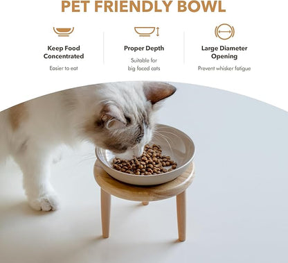 Havniva Raised Ceramic Wide Whisker Friendly Cat Dish, Anti-Slip Food&Water Bowl with 2 Style Stand Adjustable Pet Bowl Set (1Dish+Stand, Vintage Latte)