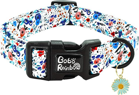 Dog Collar-Cute Flower Adjustable Pet Collars Soft Comfortable Puppy Collar Blue Cotton Dog Collars Durable Necklace Gift for Medium Dogs