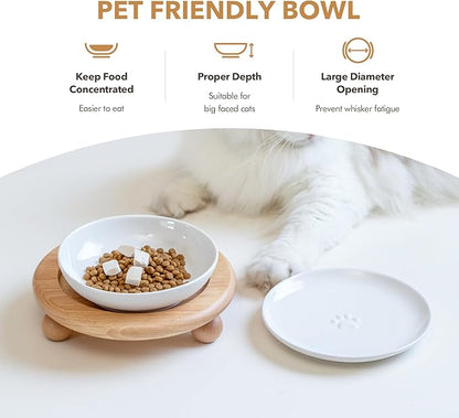 Havniva Raised Ceramic Wide Whisker Friendly Cat Dishes, Food&Water Bowl with 2 Style Stand Adjustable Pet Bowl Set(1Dish+1Shallow Dish+Stand, White