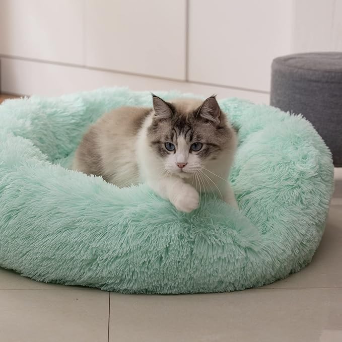 Anti Anxiety Round Fluffy Plush Faux Fur Warm Washable Dog Bed & Cat Bed, Original Bed for Small Medium Large Pets,Used to Relieve Joints and Improve Sleep（20"/24"/27''） (24", Light Green)