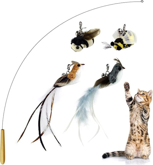 TTcat Interactive Bird and Insect Simulation Cat Toy Set with 4 Pcs Feather Refills, 29'' Flexible Steel Wire, Sturdy Wood Handle & Bell,Cat Wand Toys for Indoor Cat and Kitten.