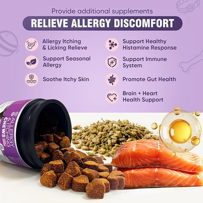 Dog Allergy Chews 200ct - Dog Allergy and Itching Skin Relief Anti Itch Aller Immune Bites for Dogs licking Paws Treatment Relief Itchy Chew Probiotics Vitamins for Skin and Coat - Peanut Butter