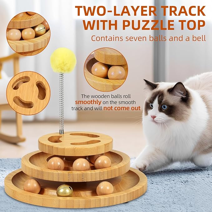 DoogCat Cat Ball Track Toy with Puzzle Top, 3-Level Tower with 9 Removable Balls, Interactive Toy for Kitten Mental & Physical Exercise