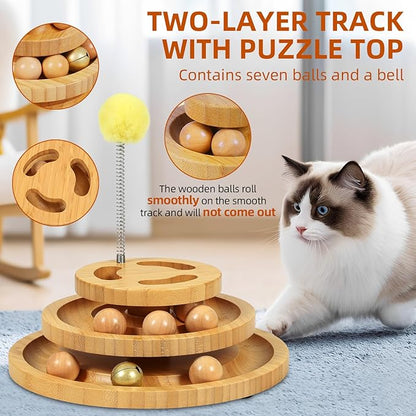 DoogCat Cat Ball Track Toy with Puzzle Top, 3-Level Tower with 9 Removable Balls, Interactive Toy for Kitten Mental & Physical Exercise