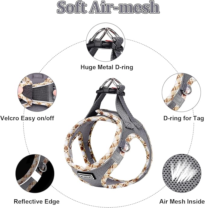 Mercano Soft Mesh Dog Harness and Leash Set, No-Chock Step-in Reflective Breathable Lightweight Easy Walk Vest Harnesses with Safety Buckle for Small Dogs, Cats (Grey, XL)