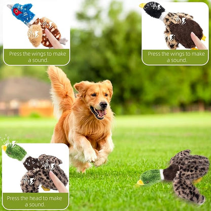 Calibonbon Duck Dog Squeaky Toy for Aggressive Chewers - No Stuffing Durable Plush with 4 Squeakers & Crinkle Wings, Chew Proof Puppy Toys for Small Medium Large Dogs (Green & Brown)