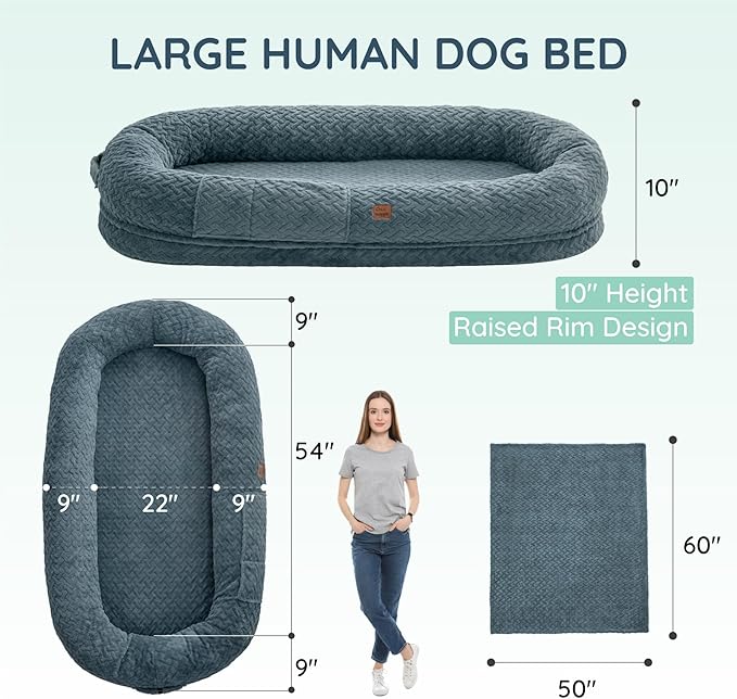 Human Dog Bed for Adult - Luxury Faux Fur Giant Size Dog Bed with Portable Handle, Egg Orthopedic Foam Bed with Blanket, 72"x40"x10", Grayish Blue