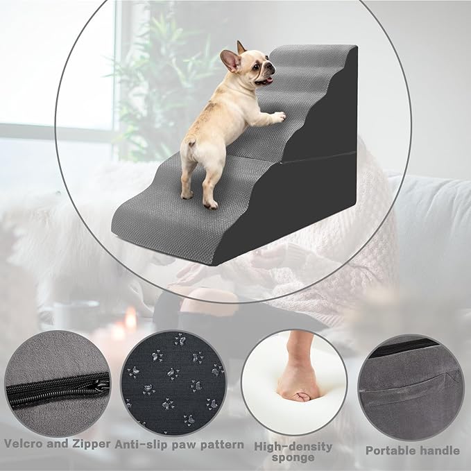 MALOROY Dog Stairs for High Beds 30-36 inches Tall, 6-Step Dog Steps for Bed 32-36 inches for Small Large Dogs, Doggie Ramp for Bed, 30D Foam Pet Stairs for Old Dogs/Cats, Free-Installation, Grey