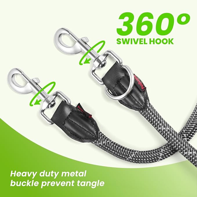 6-in-1 Heavy Duty Multifunctional Reflective Dog Leash for Medium & Large Dogs, 6.5ft Adjustable Hand Free Nylon Lead with Double Strength Clips, Perfect for Tie Out Training & Jogging (Grey)