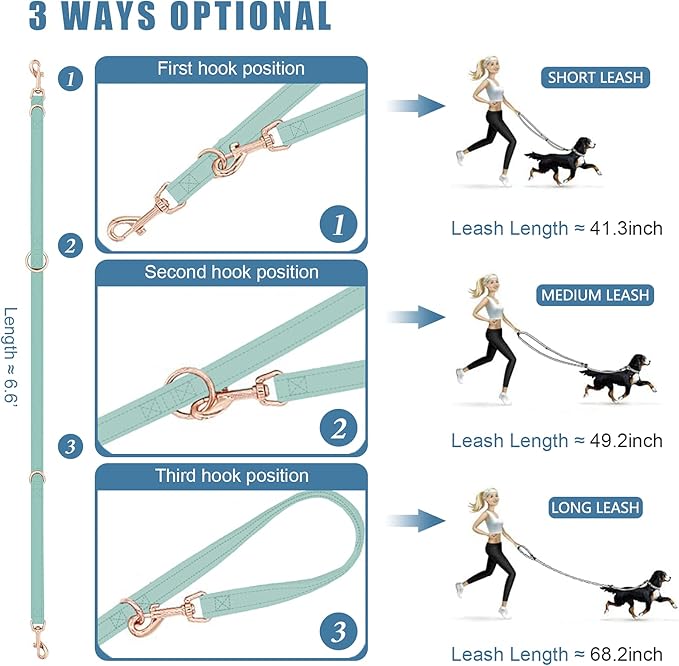 Soft Leather Dog Collar and Leash (6.6') Set - Stylish Rose Gold Heavy Duty Metal Buckle, 4 Adjustable Lengths Leash for Small Medium Large Dogs - Comfortable & Easy to Clean Mint Green L(15.4"-24.8")