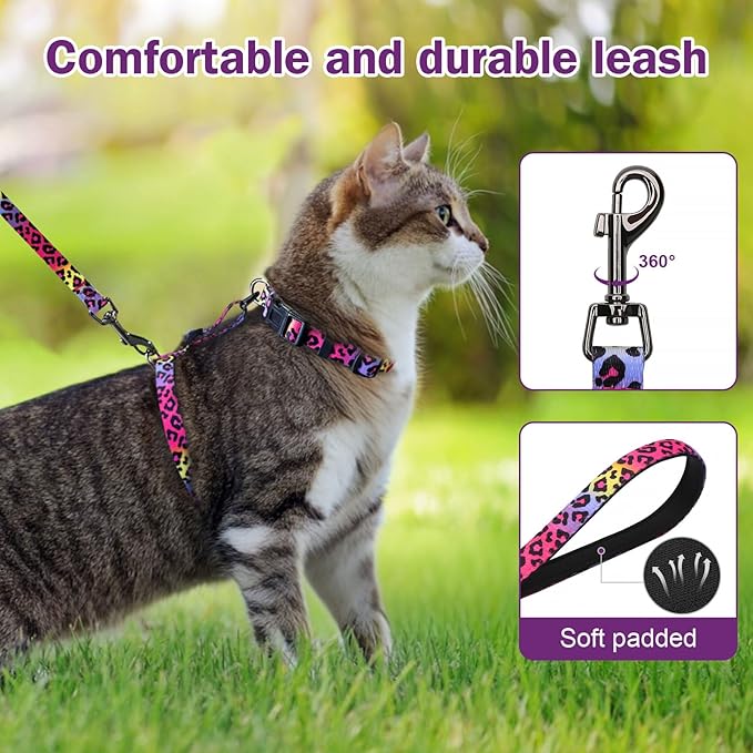 Hikiko Cat Harness and Leash Set Escape Proof Adjustable Walking Travel Soft Kitten Harness for Small Medium Large Cats (Gradient Leopard, S)