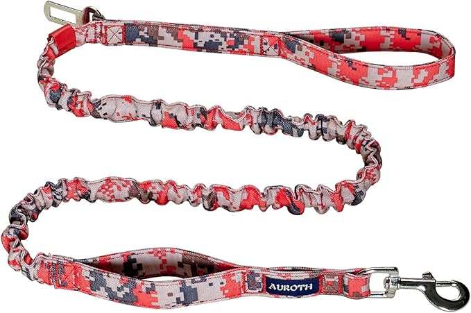 AUROTH Heavy Duty Dog Leash - Bungee, No Pull for Shock Absorption, Red Camo, 6FT, 2 Padded Handles