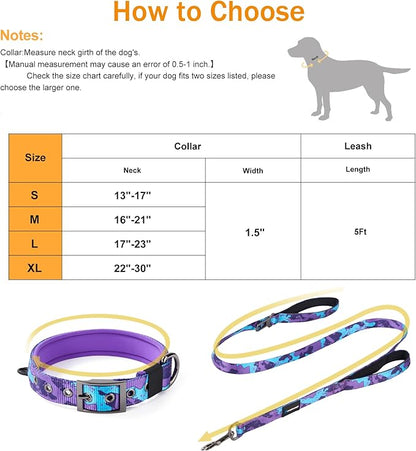 Annchwool Adjustable Dog Collar and 5 FT Leash Set with Heavy Duty Metal Buckle–Comfortable Lining Collar & Dual-Handles for Medium Large Dogs Walking,Running,Car Travel(Camo Purple Set,S:13''-17'')