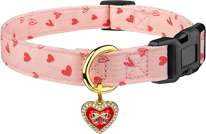 Cotton Handmade Dog Collar Cute and Distinctive Patterns Pink Heart with Pendant for Girl Boy Dogs Collars L
