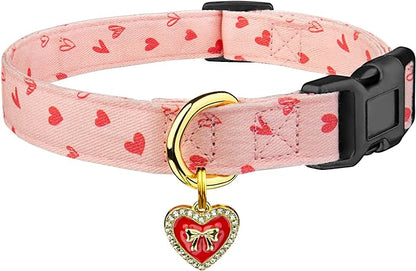 Cotton Handmade Dog Collar Cute and Distinctive Patterns Pink Heart with Pendant for Girl Boy Dogs Collars S