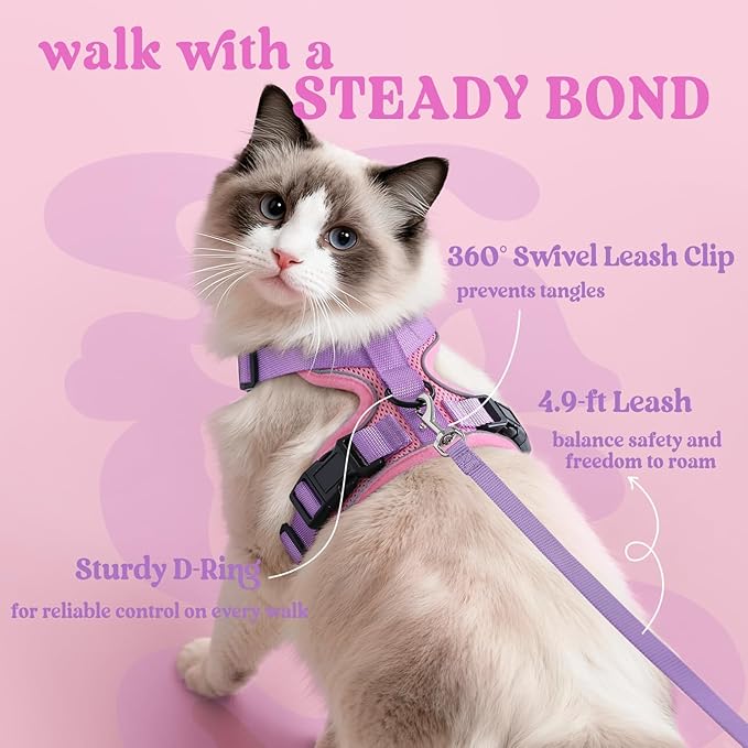 rabbitgoo Cat Harness and Leash for Walking, Escape Proof Soft Adjustable Vest Harnesses for Cats, Easy Control Breathable Reflective Strips Jacket, Pink & Purple, M