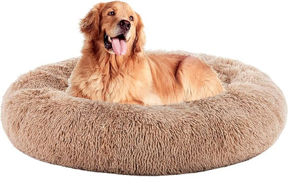 DUMOS 37.4x37.4 Inch Calming Donut Dog Beds for Large Dogs, Machine Washable Cuddler Warming Cozy Fluffy Faux Fur Plush Round Pet Bed, Anti-Slip Bed for Indoor Dogs and Cats, Brown