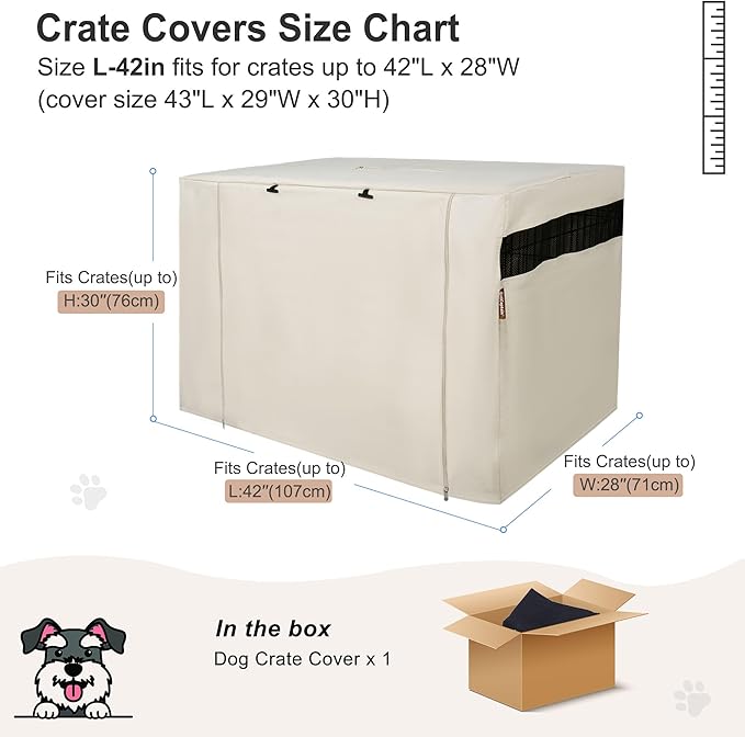 HiCaptain Dog Crate Cover 42.0" L x 28.0" W x 30.0" H with Breathable Mesh, Durable Heavy Duty Kennel Cover, Dual Zippered Panels, Windproof Waterproof UV-Resistant(Beige)