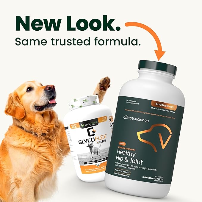 VetriScience Ultimate Strength Healthy Hip & Joint Chewable Tablets, GlycoFlex Glucosamine, Chondroitin and Green-Lipped Mussel Joint Supplement for Dogs, Soothe Joint Discomfort, Chicken, 120 Count