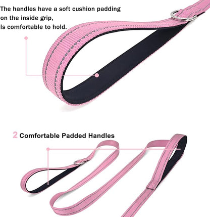 6 FT Dog Leash with 2 Padded Handle Nylon Reflective Dogs Leashes for Small Medium Large Dogs Pink