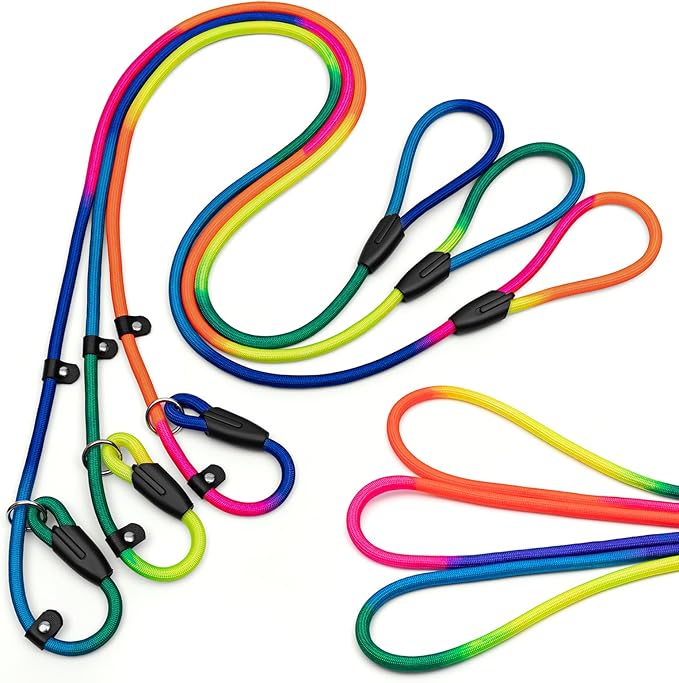 3-Pack Adjustable Rainbow Dog Slip Leads Multi-Color, 5FT Reflective Nylon – No Collar Needed, No-Pull, Ideal for Small/Medium Dogs (Training/Walking)