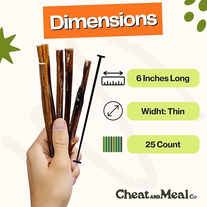 Bully Sticks for Small Dogs, (6 Inch, 25 Count), Small Chew Toy for Puppies and Senior, Natural, Single Ingredient, 100% Beef Pizzle, Long Lasting Treats, Grass Fed, Rawhide-Free