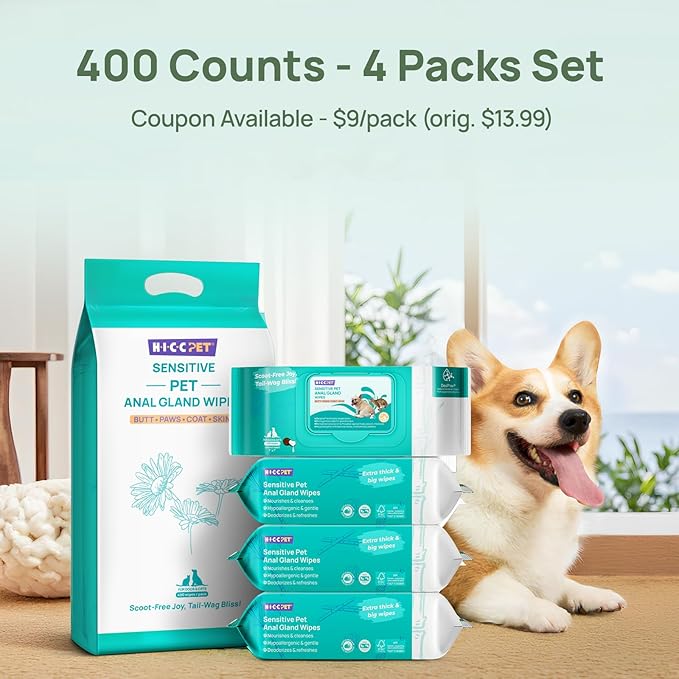 HICC PET Wipes for Dogs & Cats, Vet Recommended Cleaning Deodorizing & Soothing Allergy Infections Anal Gland Wipes, Hypoallergenic Hydrating & Nourish Fur Dog Grooming Wipes for Paw, Butt, Body