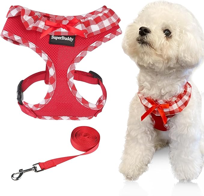 SuperBuddy Upgraded Soft Mesh Dog Harness Super Breathable Lightweight Pet Harnesses for Puppy Dogs Outdoor Walking, Red Dog Harness and Dog Leash Set Packing -Large