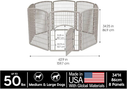 IRIS USA 34" 8-Panel Pet Dog Puppy Playpen with Door, Indoor/Outdoor Dog Pen, 63 x 63 x 34, Foldable, Customizable, Chrome