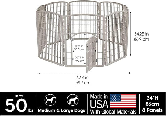 IRIS USA 34" 8-Panel Pet Dog Puppy Playpen with Door, Indoor/Outdoor Dog Pen, 63 x 63 x 34, Foldable, Customizable, Chrome