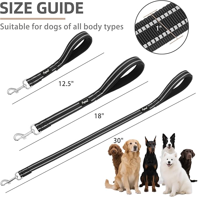 PUPTECK Reflective Short Dog Leashes - 3 Packs 2.5ft/ 1.5ft/ 1ft Nylon Leash with Strong Clip, Soft Padded Handle, Durable Training Leash for Large Small Medium Dogs Walking Outside, Black