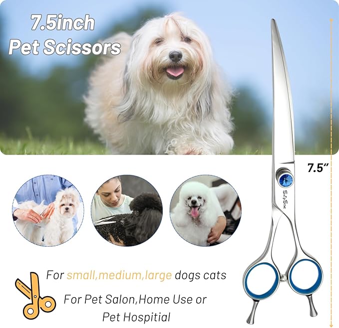 7.5inch 25° Curved Dog Grooming Scissors Professional, Japanese VG10 Stainless Steel Sharp Dog Scissors for Grooming Groomer, Comfortable Ergonomic Handle, Pet Shears for Dogs Cats Face Paws Cutting