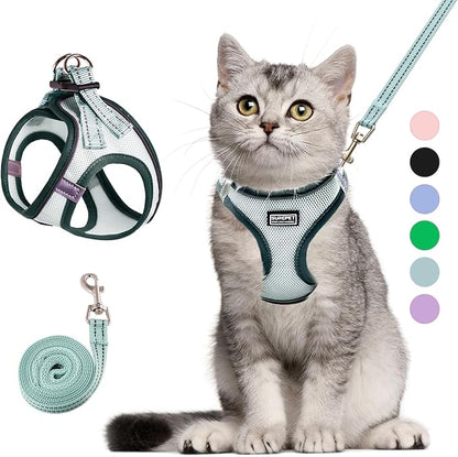 Betmaypet Cat Harness and Leash Set, Soft and Breathable Vest with Reflective Strip, Escape Proof Kitten Harness, Easy to Wear for Cats Walking and Traveling (Light Green, XS)