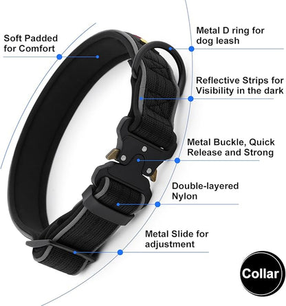 Plutus Pet Tactical Dog Collar, Reflective, Adjustable Heavy Duty Dog Collar, Soft Padded and Comfortable, for Small Medium and Large Dogs (Black, M)