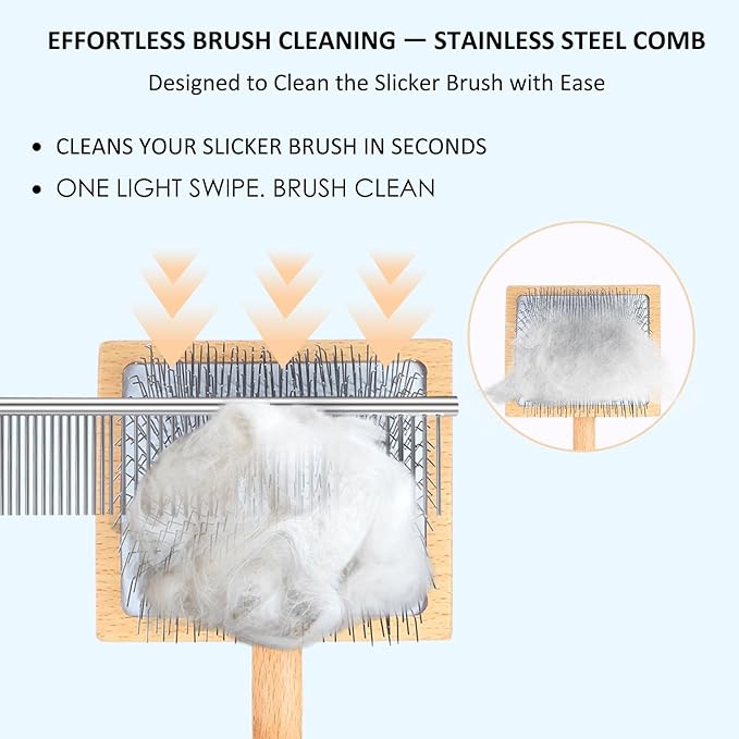 Dog Slicker Brush & Stainless Steel Comb Set for Shedding & Grooming Medium & Large Long or Thick Coated Dogs, Doodles & Cats, 1 Inch Pin Slicker Brush with Ergonomic Wooden Handle, Oak