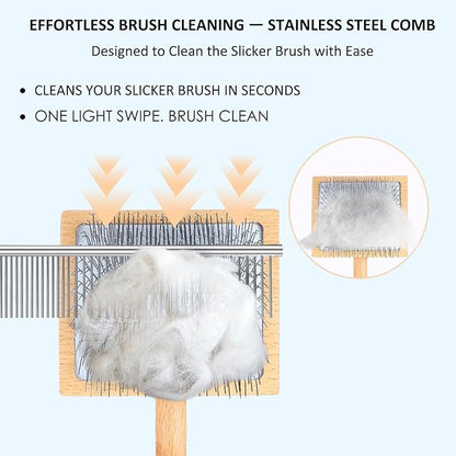 Dog Slicker Brush & Stainless Steel Comb Set for Shedding & Grooming Medium & Large Long or Thick Coated Dogs, Doodles & Cats, 1 Inch Pin Slicker Brush with Ergonomic Wooden Handle, Oak