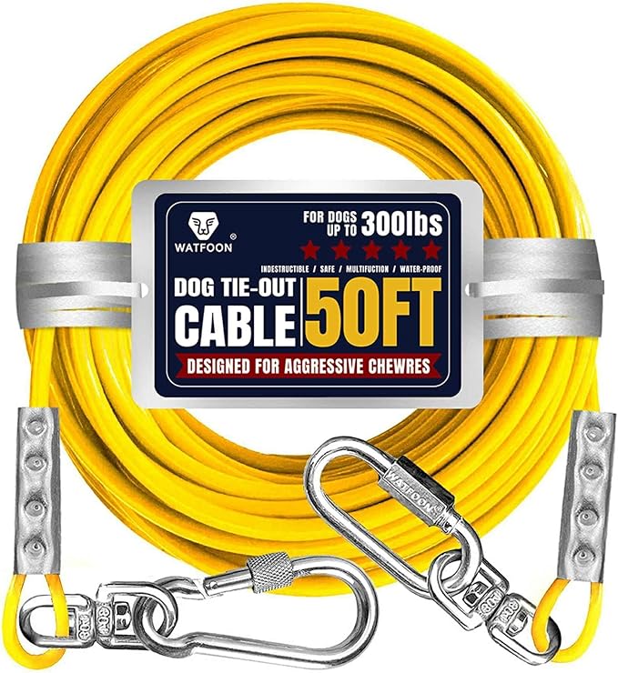 Tie Out Cable for Large Dogs, Dog Runner for Yard, Heavy Duty Swivel Hooks Lead Holds Break Strength of 1000lbs, Steel Wire Chain Dog Leash Cable for Yard (Yellow 50FT)