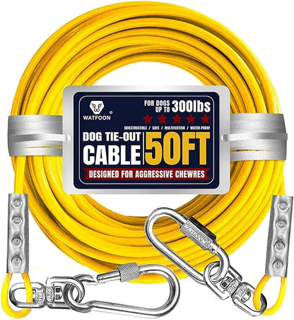 Tie Out Cable for Large Dogs, Dog Runner for Yard, Heavy Duty Swivel Hooks Lead Holds Break Strength of 1000lbs, Steel Wire Chain Dog Leash Cable for Yard (Yellow 50FT)